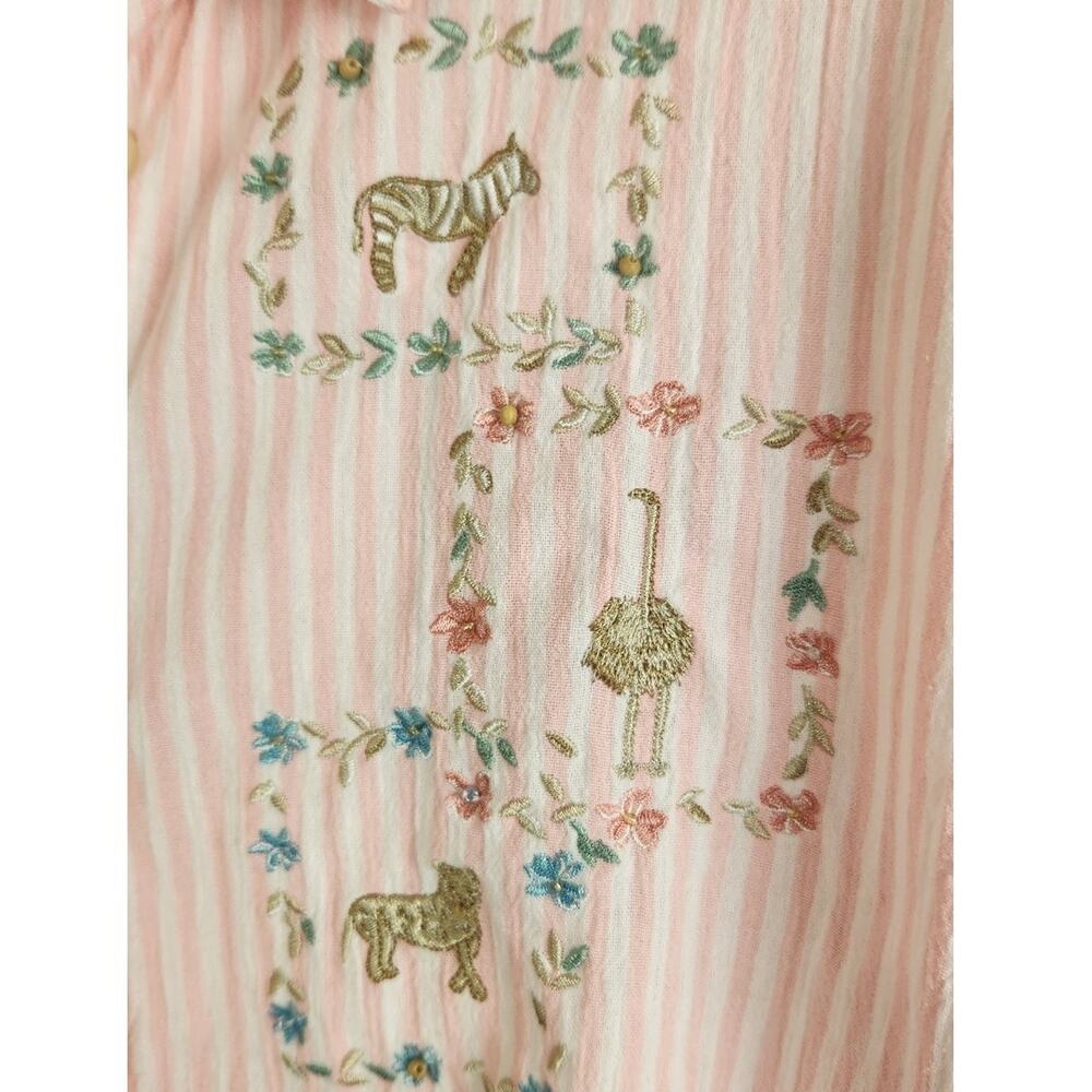 Vintage Pink Striped Button Front Embroidered Safari Animals Top Large - Picture 3 of 8